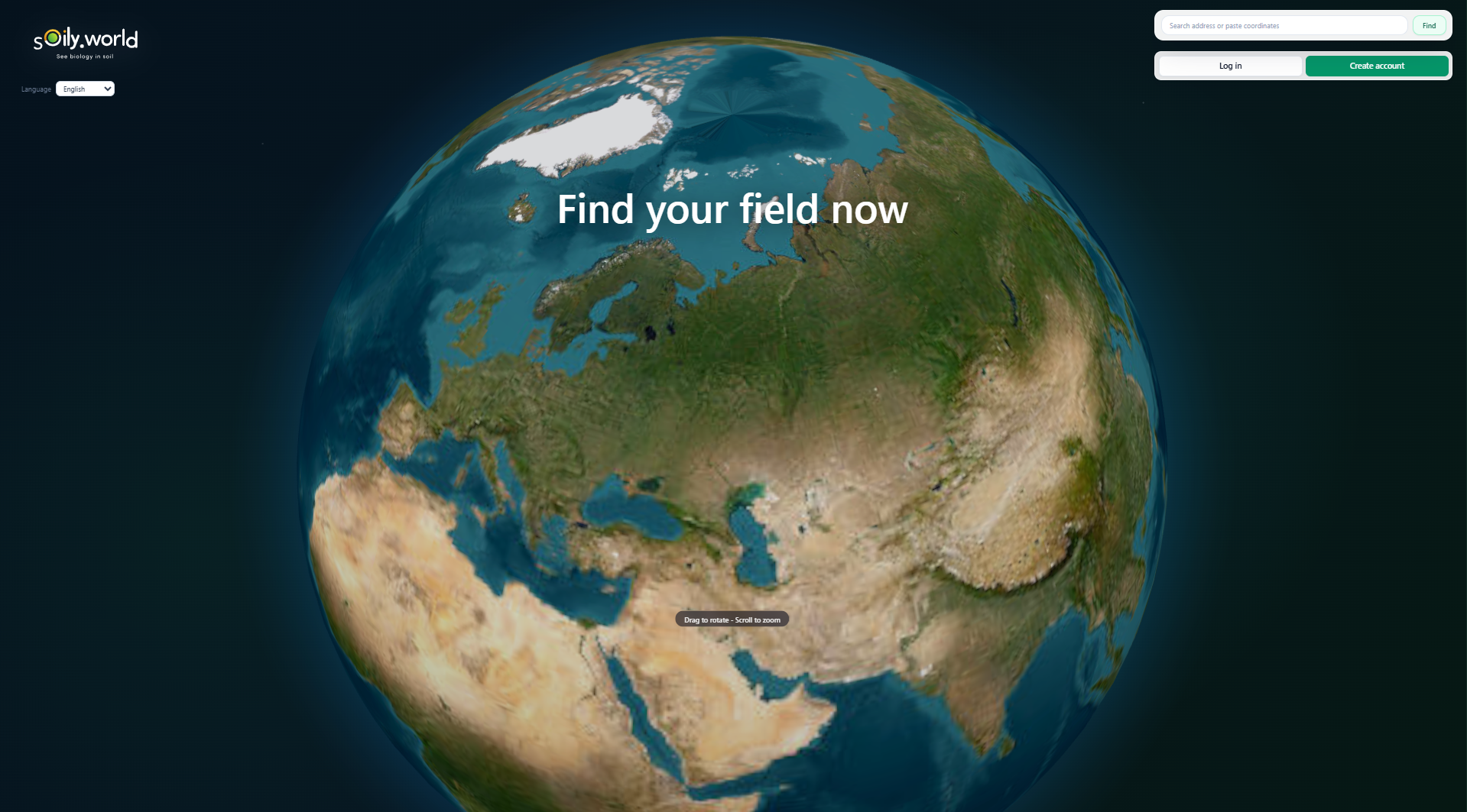 SoilyWorld new login and field search screen